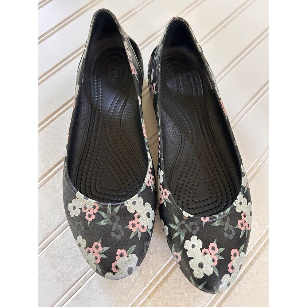 Crocs Kadee Shoes Womens Size 7 Black Floral Print Slip On Laura Ballerina Flat